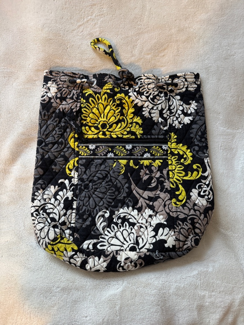 Vera Bradley Quilted Drawstring Tote in Black, Yellow & White